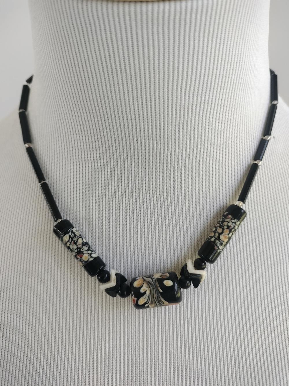 Handpainted Black Glass Bead Necklace Flower -Longated Beads- Clear Spacers 16"
